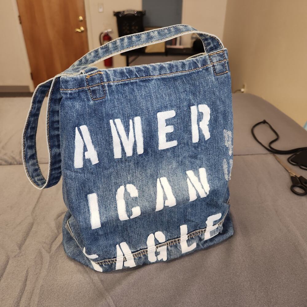 AMERICAN EAGLE‎ Denim Tote Bag Blue Double Handle Spellout Distressed VTG Boho